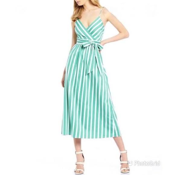GIANNI BINI Lene Striped Midi Dress Green White - Picture 1 of 10